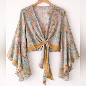 100% Silk Boho Floral Wrap Top Bell Sleeve One Size